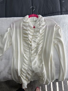 New York & Company Cream Ruffled Open-Front Cardigan